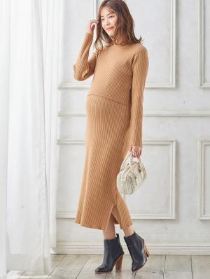 マタニティ ワンピース|Rosemadame(ローズマダム)Iラインリブニットワンピース マタニティ・産後授乳服【出産後も長く使える】|オレンジ