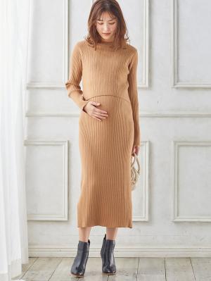 マタニティ ワンピース|Rosemadame(ローズマダム)Iラインリブニットワンピース マタニティ・産後授乳服【出産後も長く使える】|オレンジ