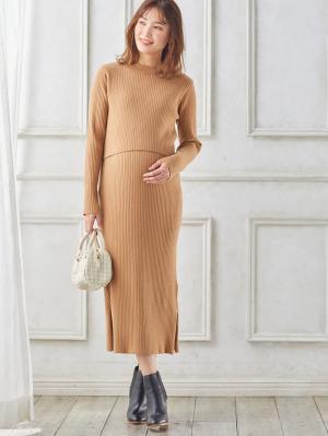 マタニティ ワンピース|Rosemadame(ローズマダム)Iラインリブニットワンピース マタニティ・産後授乳服【出産後も長く使える】|オレンジ