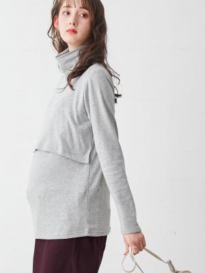 マタニティ トップス|裏起毛もっちりフライスタートルネックTシャツ　マタニティ・授乳服|杢グレー
