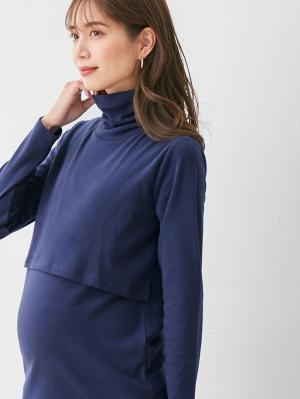 マタニティ トップス|裏起毛もっちりフライスタートルネックTシャツ マタニティ・授乳服|ネイビー