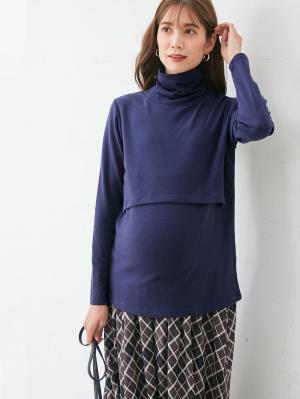マタニティ トップス|裏起毛もっちりフライスタートルネックTシャツ マタニティ・授乳服|ネイビー