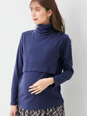 マタニティ トップス|裏起毛もっちりフライスタートルネックTシャツ マタニティ・授乳服|ネイビー
