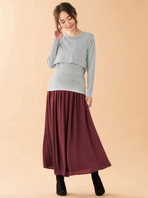 アウトレット|裏起毛もっちりフライスクルーネックTシャツ　マタニティ・授乳服【出産後も長く使える】|杢グレー