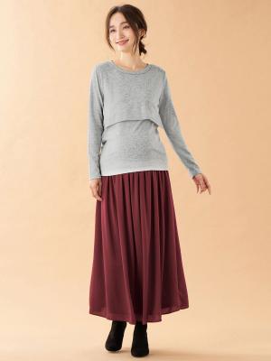 アウトレット|裏起毛もっちりフライスクルーネックTシャツ　マタニティ・授乳服【出産後も長く使える】|杢グレー