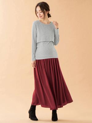 アウトレット|裏起毛もっちりフライスクルーネックTシャツ　マタニティ・授乳服【出産後も長く使える】|杢グレー