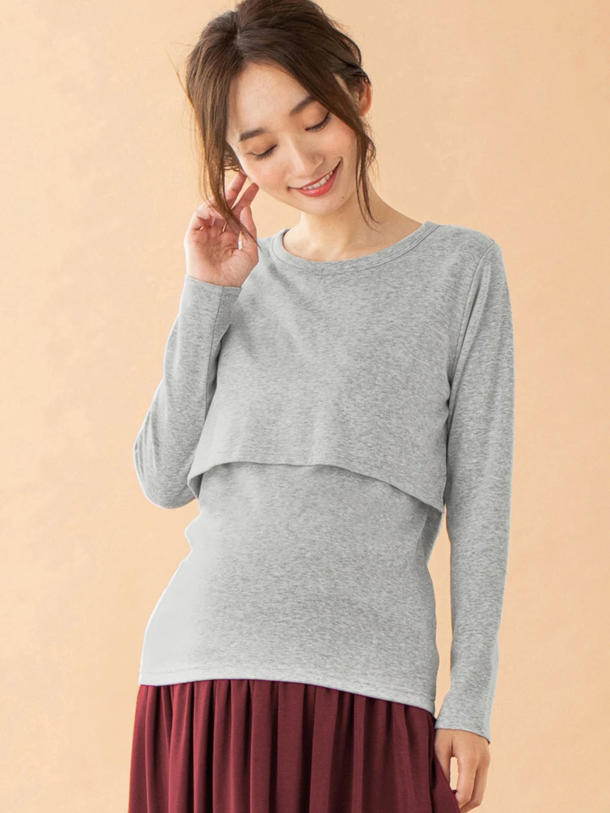 アウトレット|裏起毛もっちりフライスクルーネックTシャツ　マタニティ・授乳服【出産後も長く使える】|杢グレー