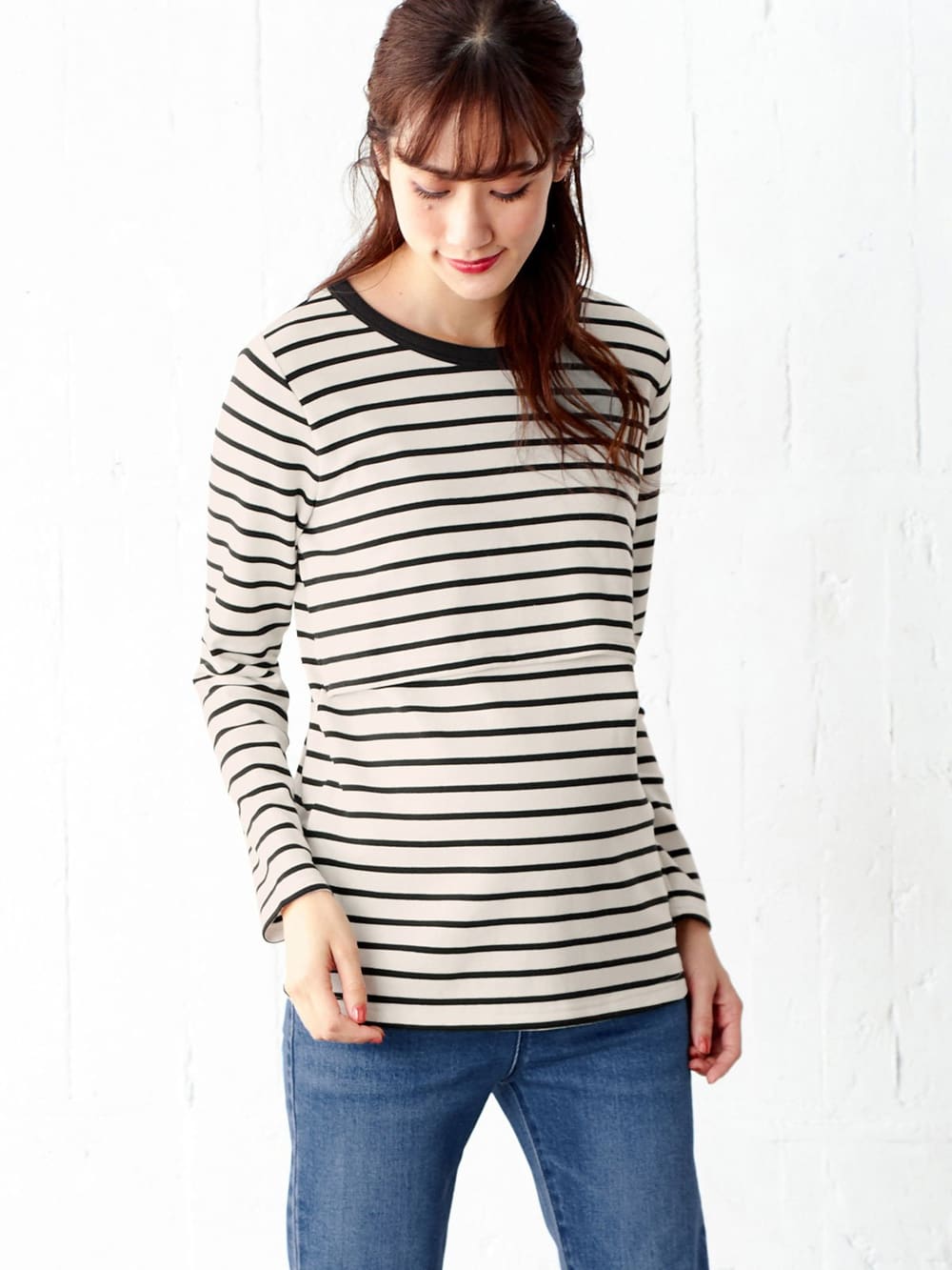 授乳口付 裏起毛もっちりフライスクルーネックtシャツ マタニティウェア 授乳服通販 エンジェリーベ 公式