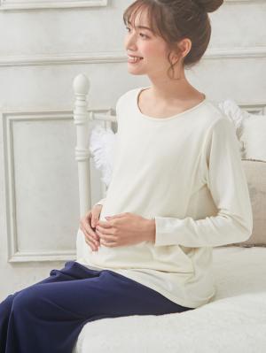 【授乳口付】【セット】裏起毛もっちりフライスボートネックトップス＆産後も使えるワイドパンツ29399