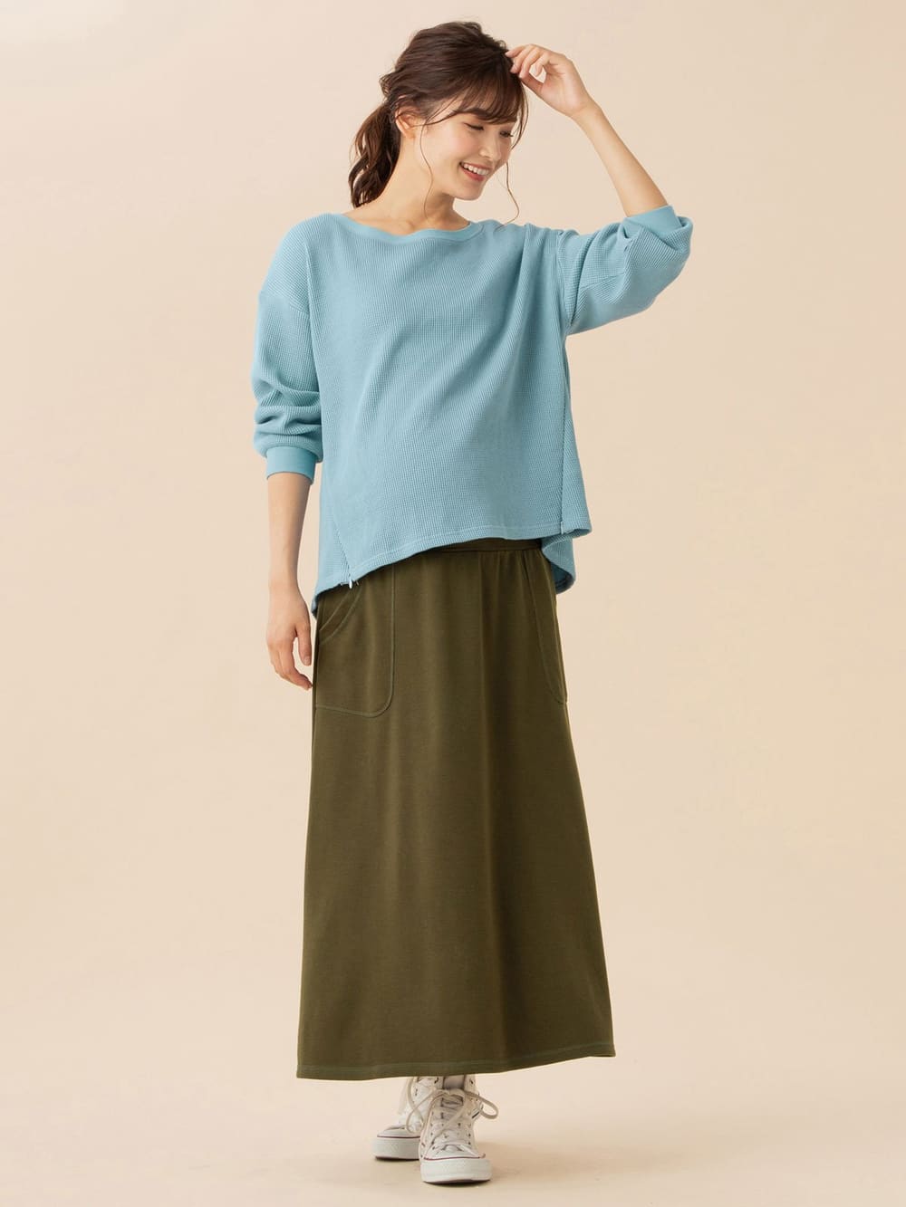 マタニティ トップス|サーマルボートネック八分袖プルオーバー　マタニティ・授乳服【出産後も長く使える】|ブルー