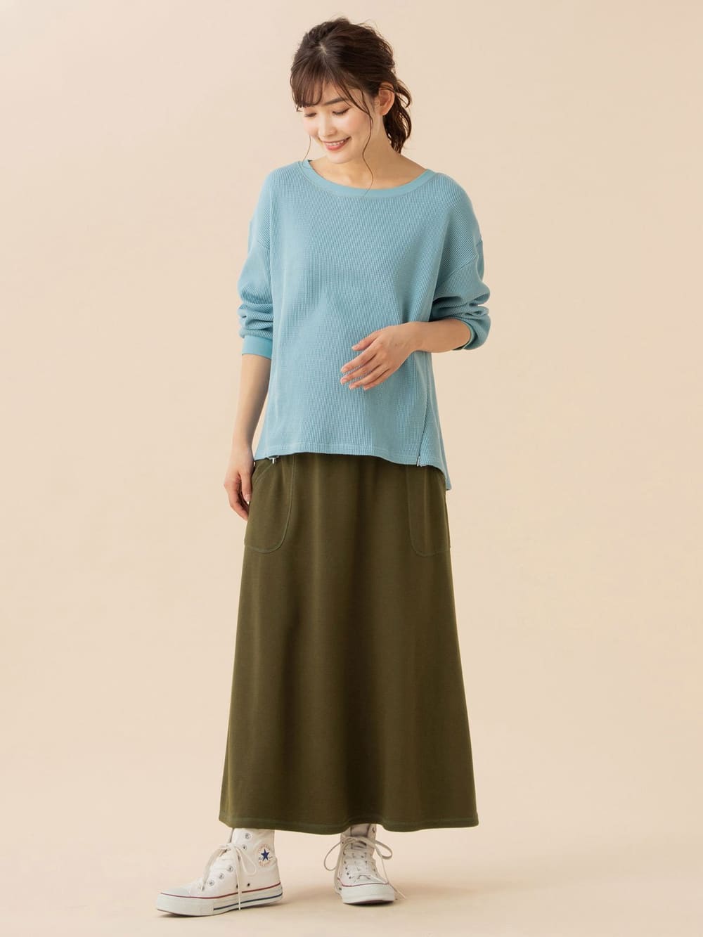 マタニティ トップス|サーマルボートネック八分袖プルオーバー　マタニティ・授乳服【出産後も長く使える】|ブルー