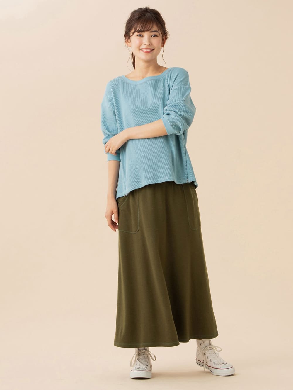 マタニティ トップス|サーマルボートネック八分袖プルオーバー　マタニティ・授乳服【出産後も長く使える】|ブルー