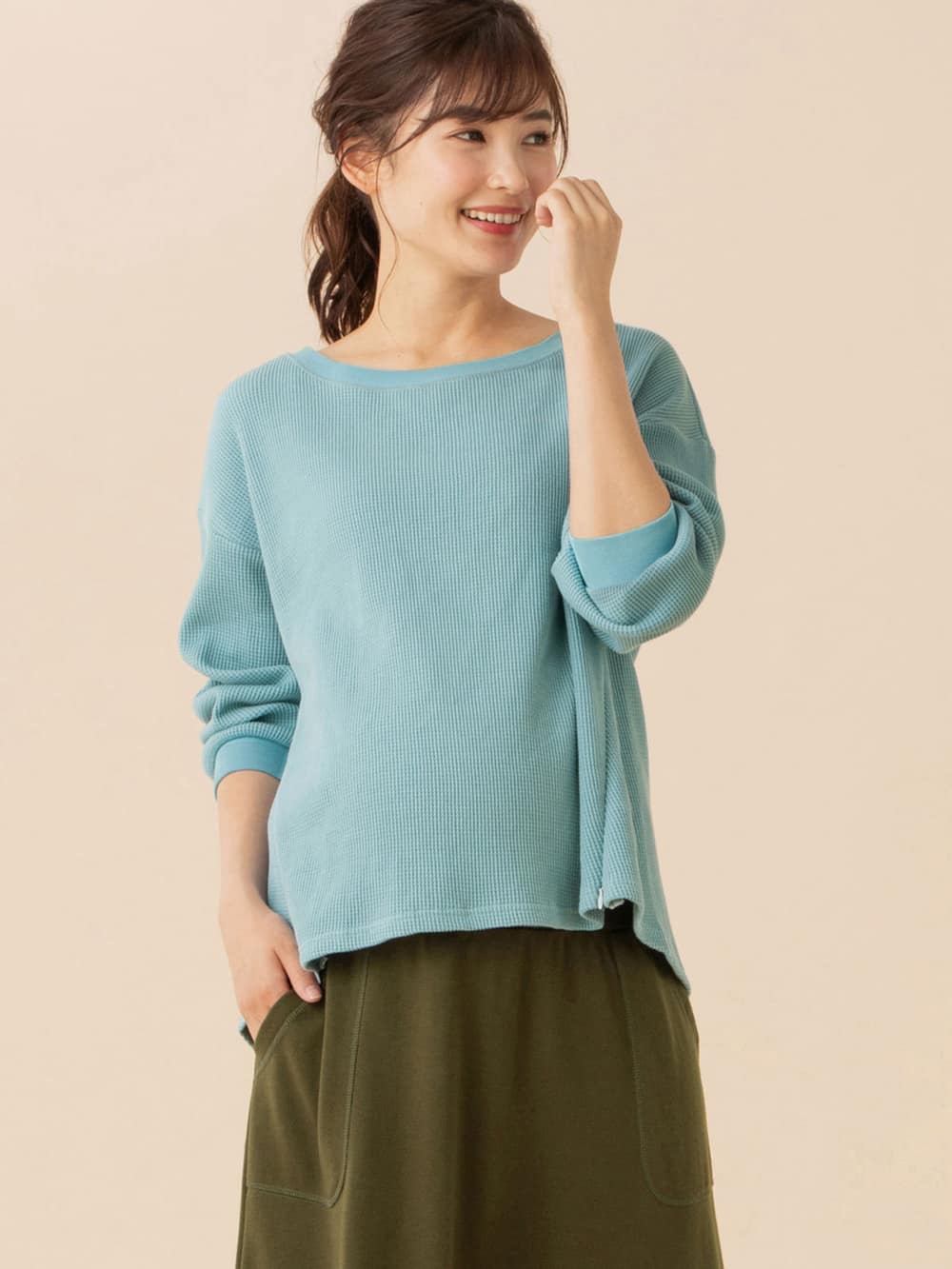 マタニティ トップス|サーマルボートネック八分袖プルオーバー　マタニティ・授乳服【出産後も長く使える】|ブルー