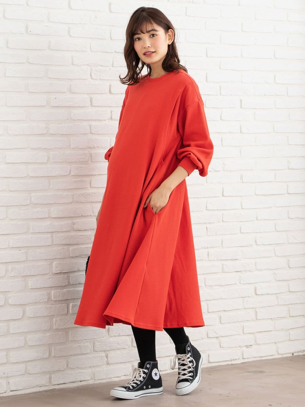 マタニティ ワンピース 授乳口付 親子コーデ可 サーマルバルーンスリーブaラインロングワンピース マタニティウェア 授乳服通販 エンジェリーベ 公式