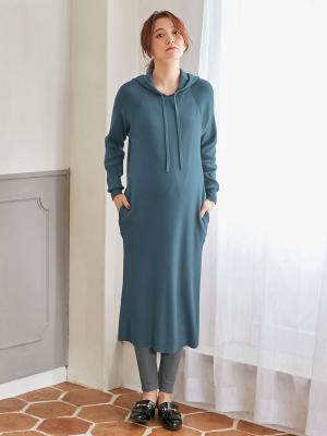 マタニティ ワンピース|【マタニティ・授乳服】ニットパーカーワンピース|浅ネイビー
