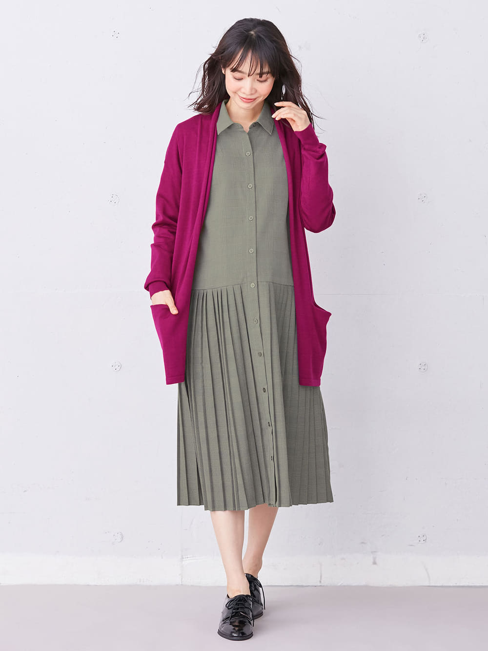 マタニティ オフィス 通勤服 出産後も長く使える グレンチェック裾プリーツシャツワンピース マタニティ 授乳服 マタニティウェア 授乳服通販 エンジェリーベ 公式