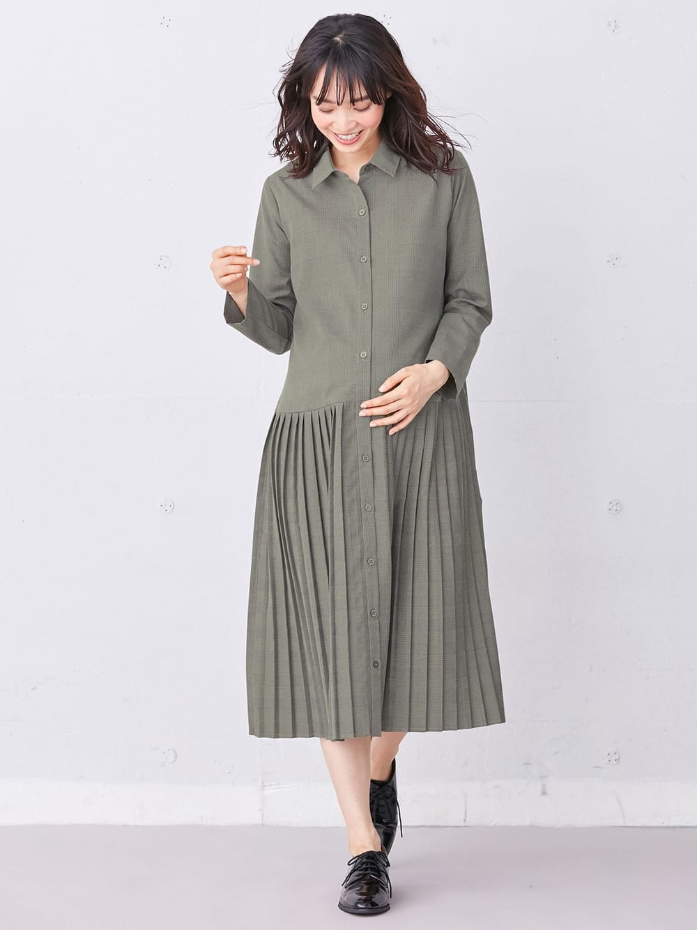 マタニティ オフィス 通勤服 出産後も長く使える グレンチェック裾プリーツシャツワンピース マタニティ 授乳服 マタニティウェア 授乳服通販 エンジェリーベ 公式
