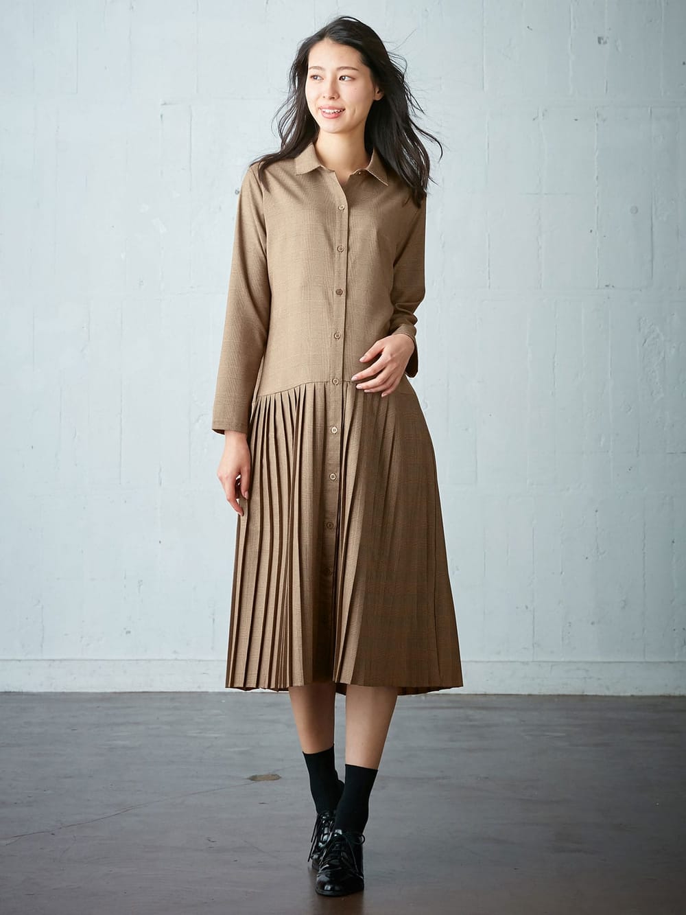 グレンチェック裾プリーツシャツワンピース マタニティ・授乳服 グレンチェック裾プリーツシャツワンピース マタニティ・授乳服