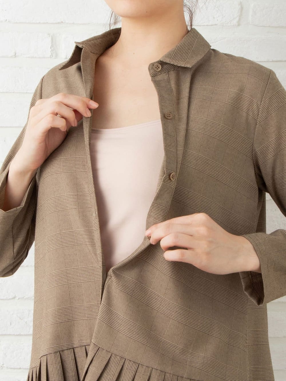 マタニティ ワンピース|グレンチェック裾プリーツシャツワンピース　マタニティ・授乳服【出産後も長く使える】