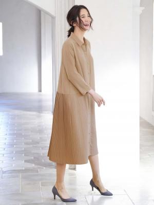マタニティ ワンピース|ツイル裾プリーツシャツワンピース　マタニティ・授乳服【出産後も長く使える】|ベージュ