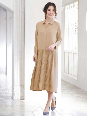 マタニティ ワンピース|ツイル裾プリーツシャツワンピース　マタニティ・授乳服【出産後も長く使える】|ベージュ