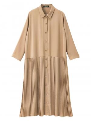 マタニティ ワンピース|ツイル裾プリーツシャツワンピース　マタニティ・授乳服【出産後も長く使える】|ベージュ