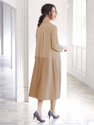 マタニティ ワンピース|ツイル裾プリーツシャツワンピース　マタニティ・授乳服【出産後も長く使える】|ベージュ