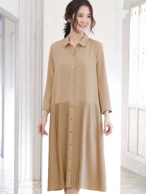 マタニティ ワンピース|ツイル裾プリーツシャツワンピース　マタニティ・授乳服【出産後も長く使える】|ベージュ