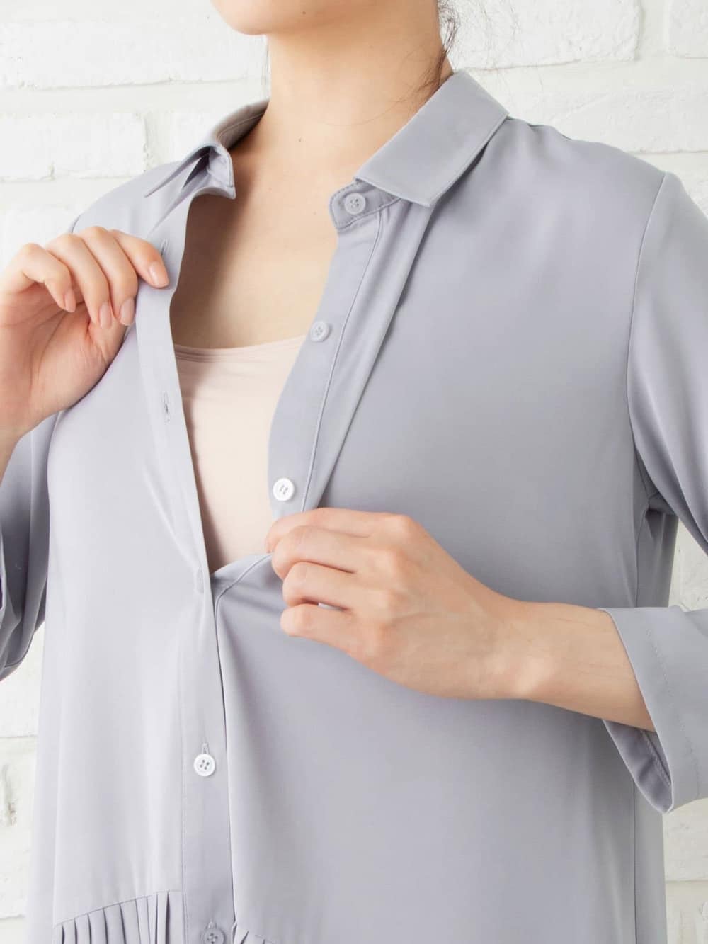 マタニティ ワンピース|ツイル裾プリーツシャツワンピース　マタニティ・授乳服【出産後も長く使える】