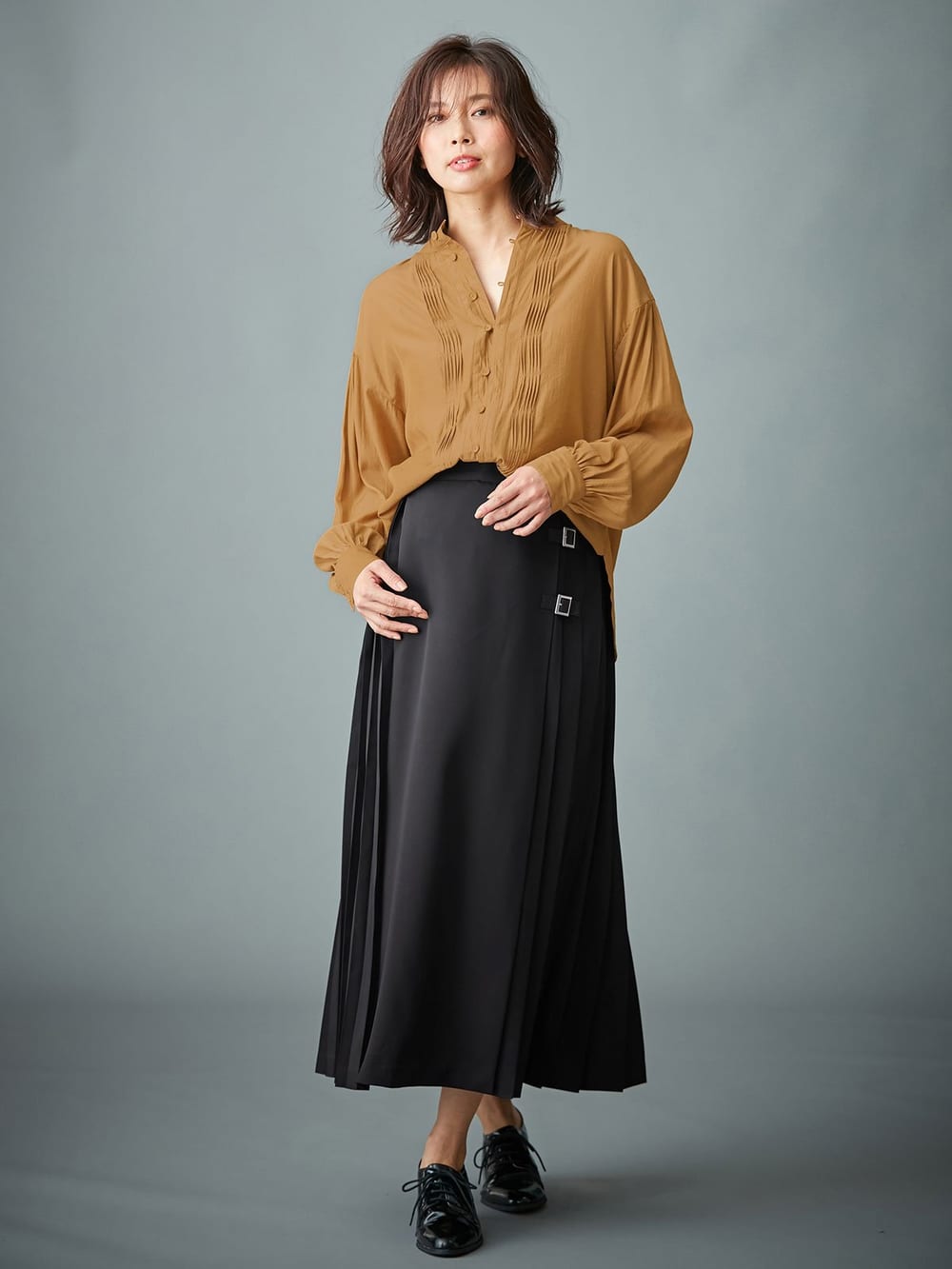 マタニティ トップス|ピンタックビックブラウス　マタニティ・授乳服【出産後も長く使える】|キャメル