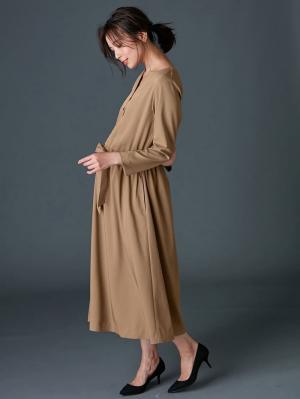マタニティ ワンピース|キーネックベルト付ワンピース　マタニティ・授乳服【出産後も長く使える】|ベージュ