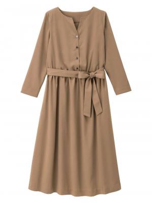 マタニティ ワンピース|キーネックベルト付ワンピース　マタニティ・授乳服【出産後も長く使える】|ベージュ