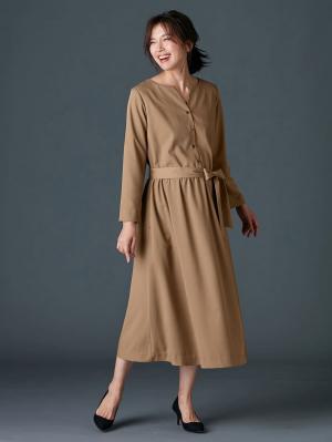 マタニティ ワンピース|キーネックベルト付ワンピース　マタニティ・授乳服【出産後も長く使える】|ベージュ