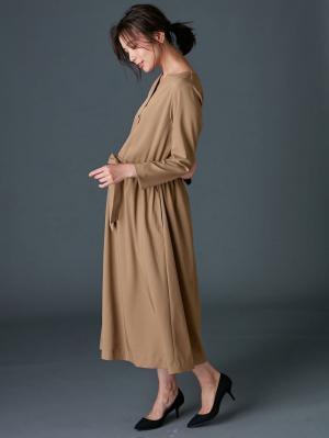 マタニティ ワンピース|キーネックベルト付ワンピース　マタニティ・授乳服【出産後も長く使える】|ベージュ