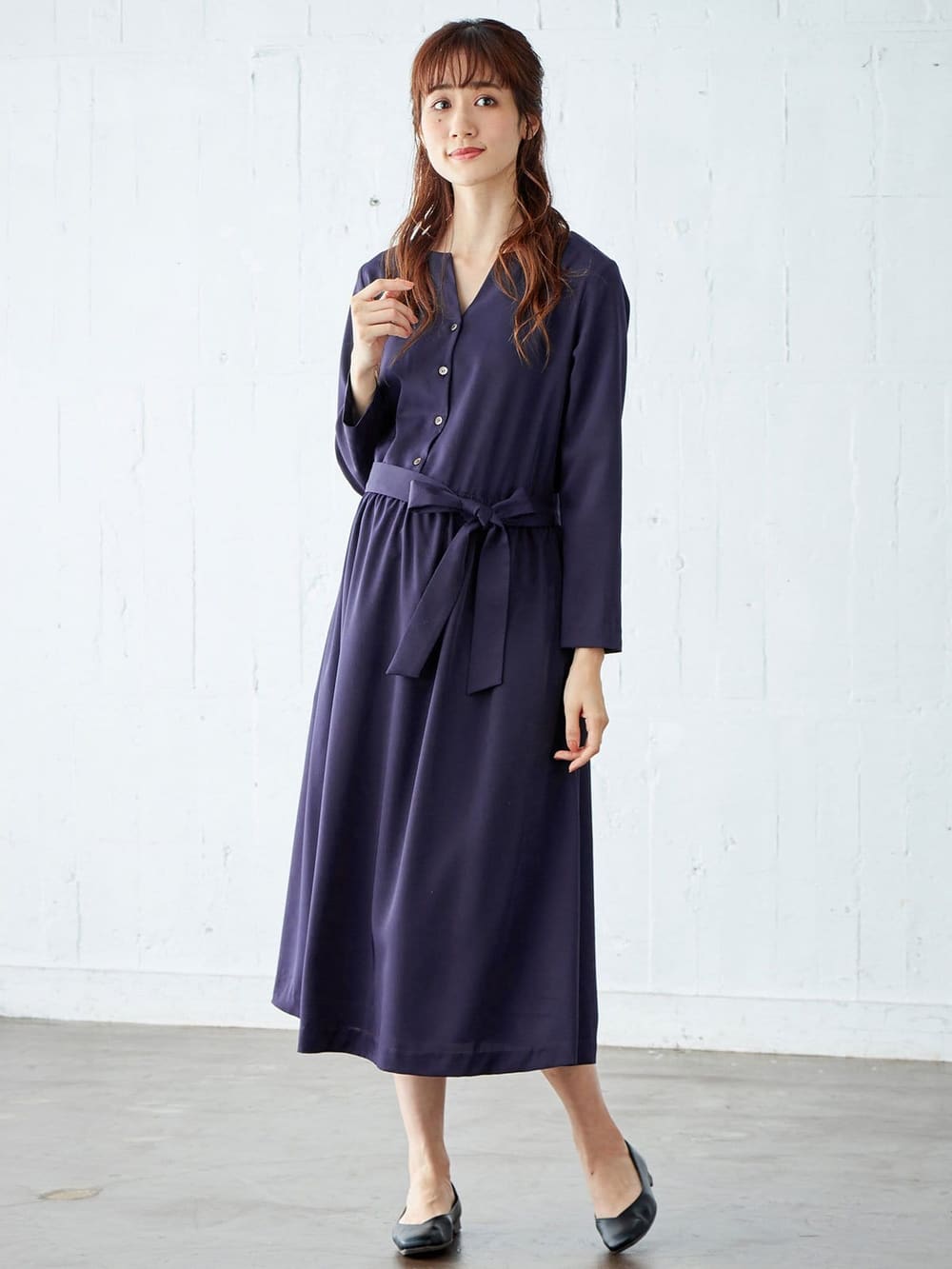 マタニティ ワンピース|キーネックベルト付ワンピース　マタニティ・授乳服【出産後も長く使える】|ネイビー