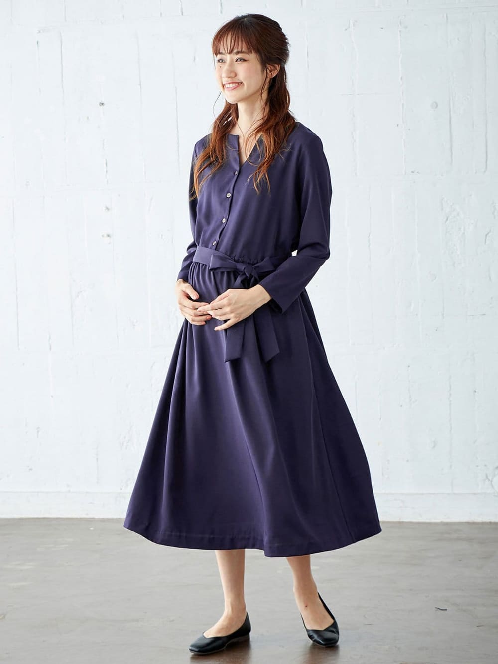 マタニティ ワンピース|キーネックベルト付ワンピース　マタニティ・授乳服【出産後も長く使える】|ネイビー