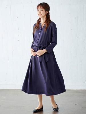 マタニティ ワンピース|キーネックベルト付ワンピース　マタニティ・授乳服【出産後も長く使える】|ネイビー