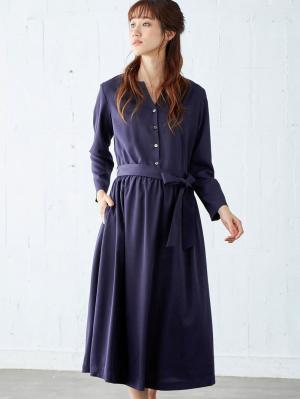 マタニティ ワンピース|キーネックベルト付ワンピース　マタニティ・授乳服【出産後も長く使える】|ネイビー