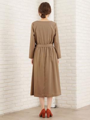 マタニティ ワンピース|キーネックベルト付ワンピース　マタニティ・授乳服【出産後も長く使える】|ベージュ