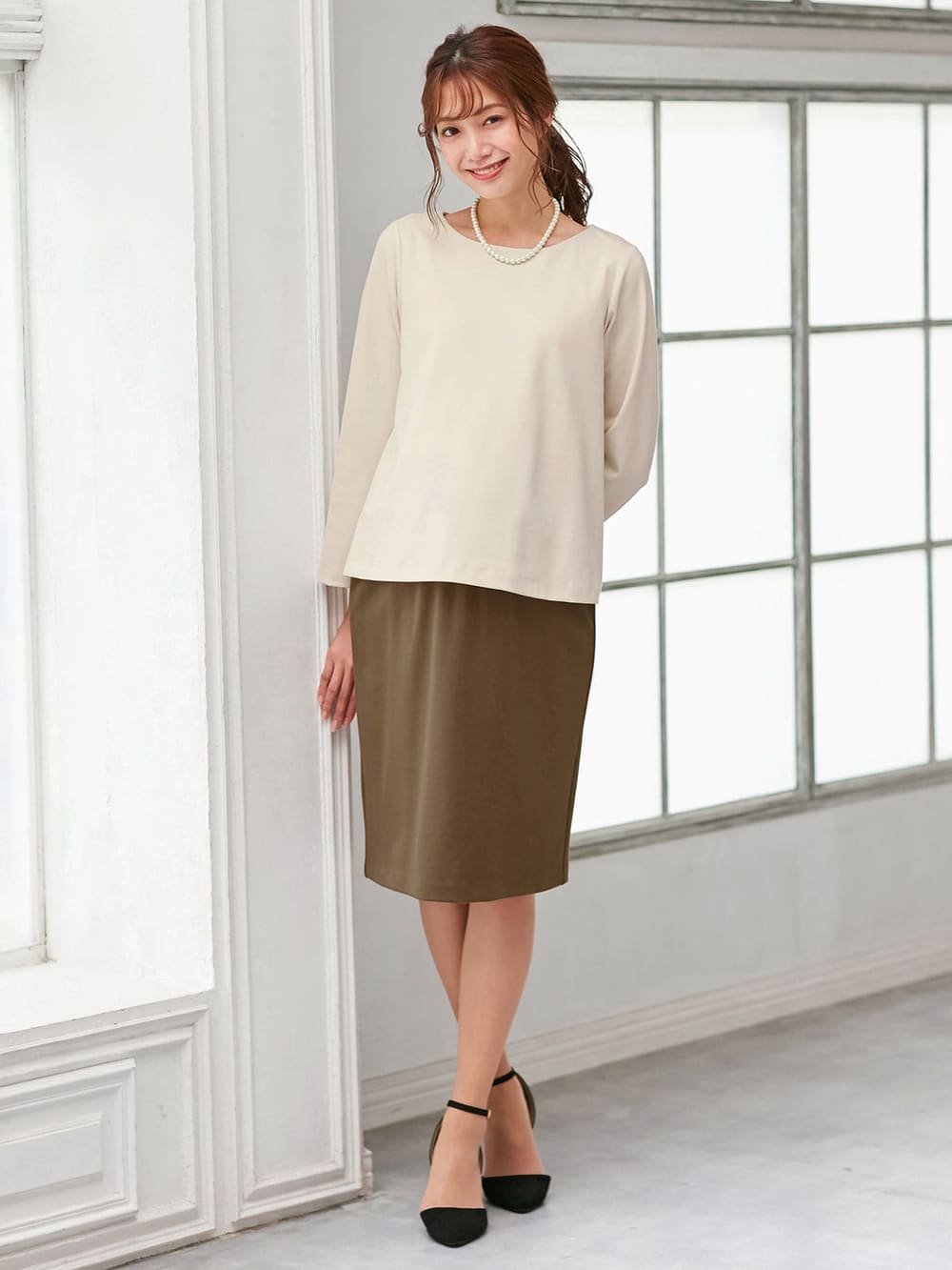 マタニティ パンツ|【セット】ポンチプルオーバー&スカートセットアップ マタニティ・授乳服【出産後も長く使える】|オフ×ベージュ