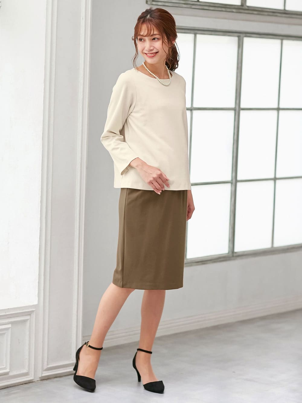 マタニティ パンツ|【セット】ポンチプルオーバー&スカートセットアップ マタニティ・授乳服【出産後も長く使える】|オフ×ベージュ