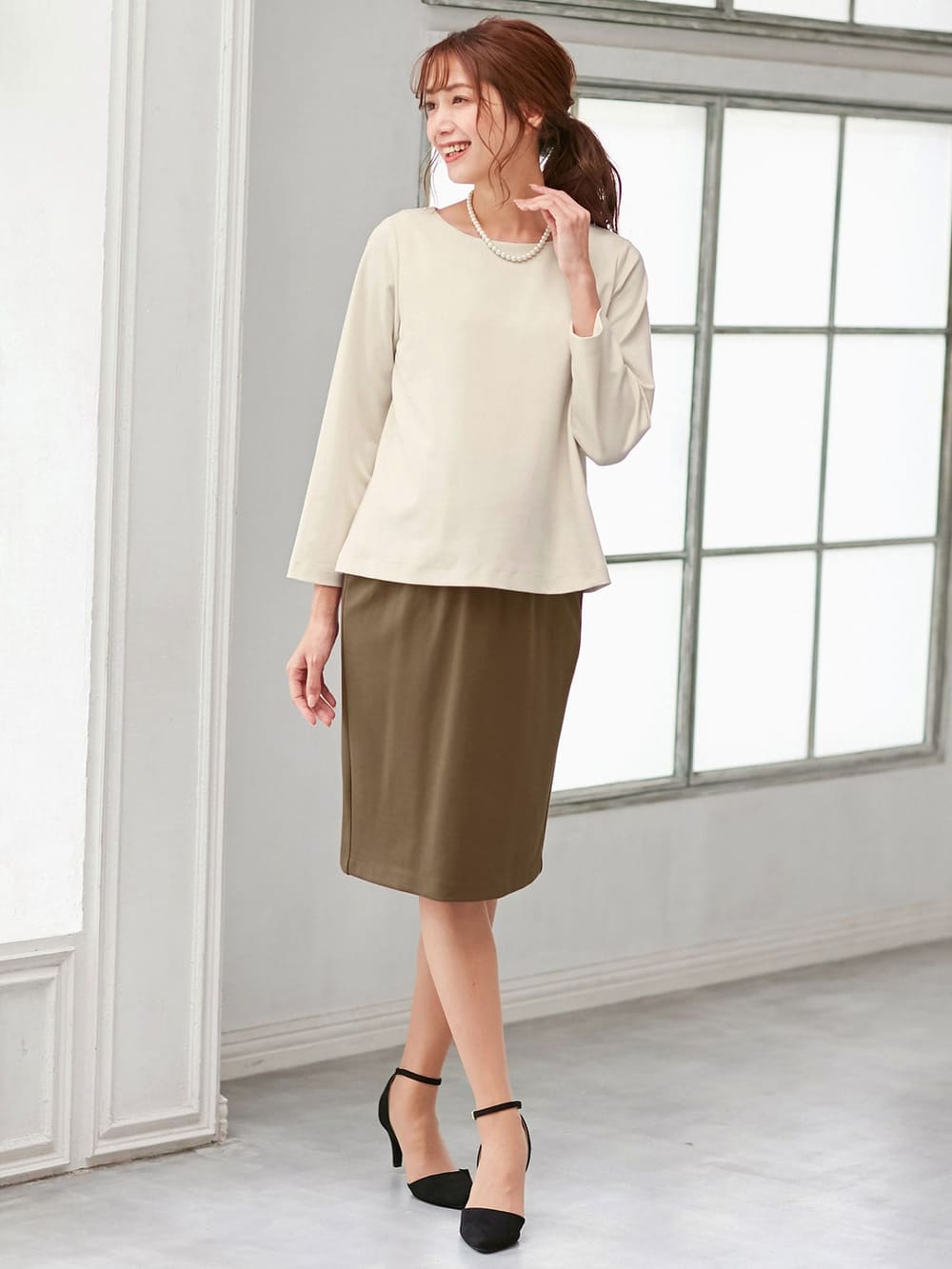 マタニティ パンツ|【セット】ポンチプルオーバー&スカートセットアップ マタニティ・授乳服【出産後も長く使える】|オフ×ベージュ