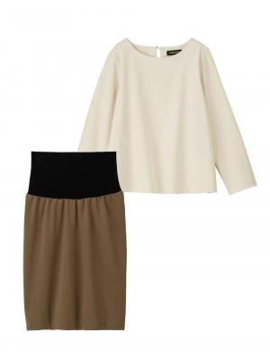 マタニティ パンツ|【セット】ポンチプルオーバー&スカートセットアップ マタニティ・授乳服【出産後も長く使える】|オフ×ベージュ