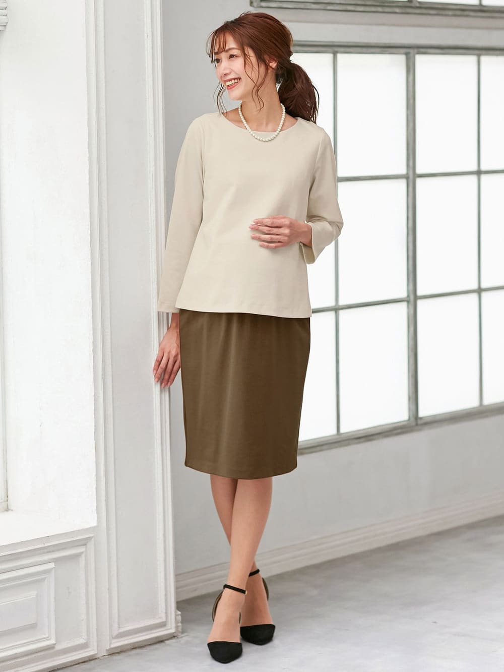 マタニティ パンツ|【セット】ポンチプルオーバー&スカートセットアップ マタニティ・授乳服【出産後も長く使える】|オフ×ベージュ