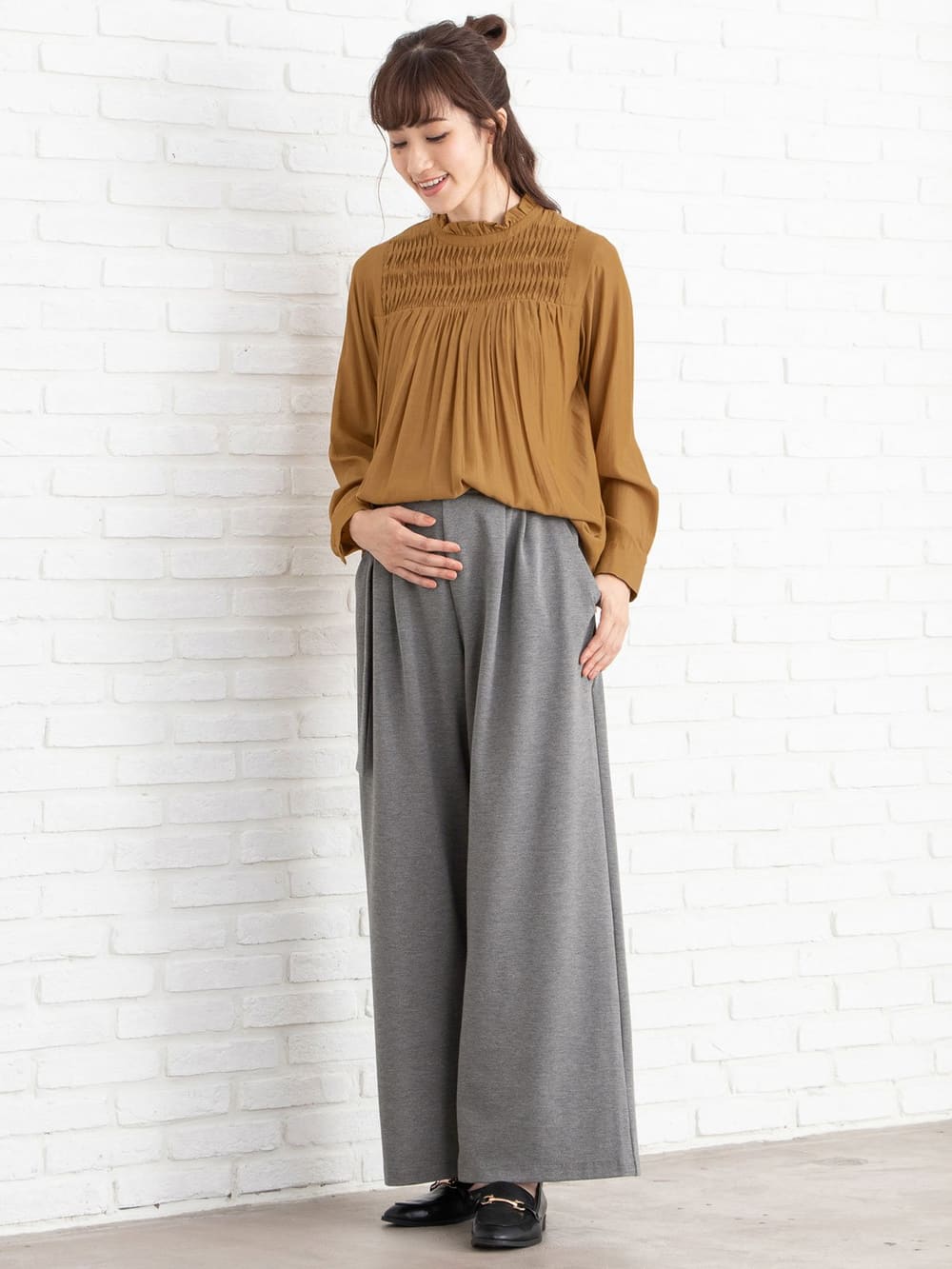 マタニティ パンツ|【産前産後対応】フロントインできる楽ちんポンチワイドパンツ【出産後も長く使える】|チャコールグレー