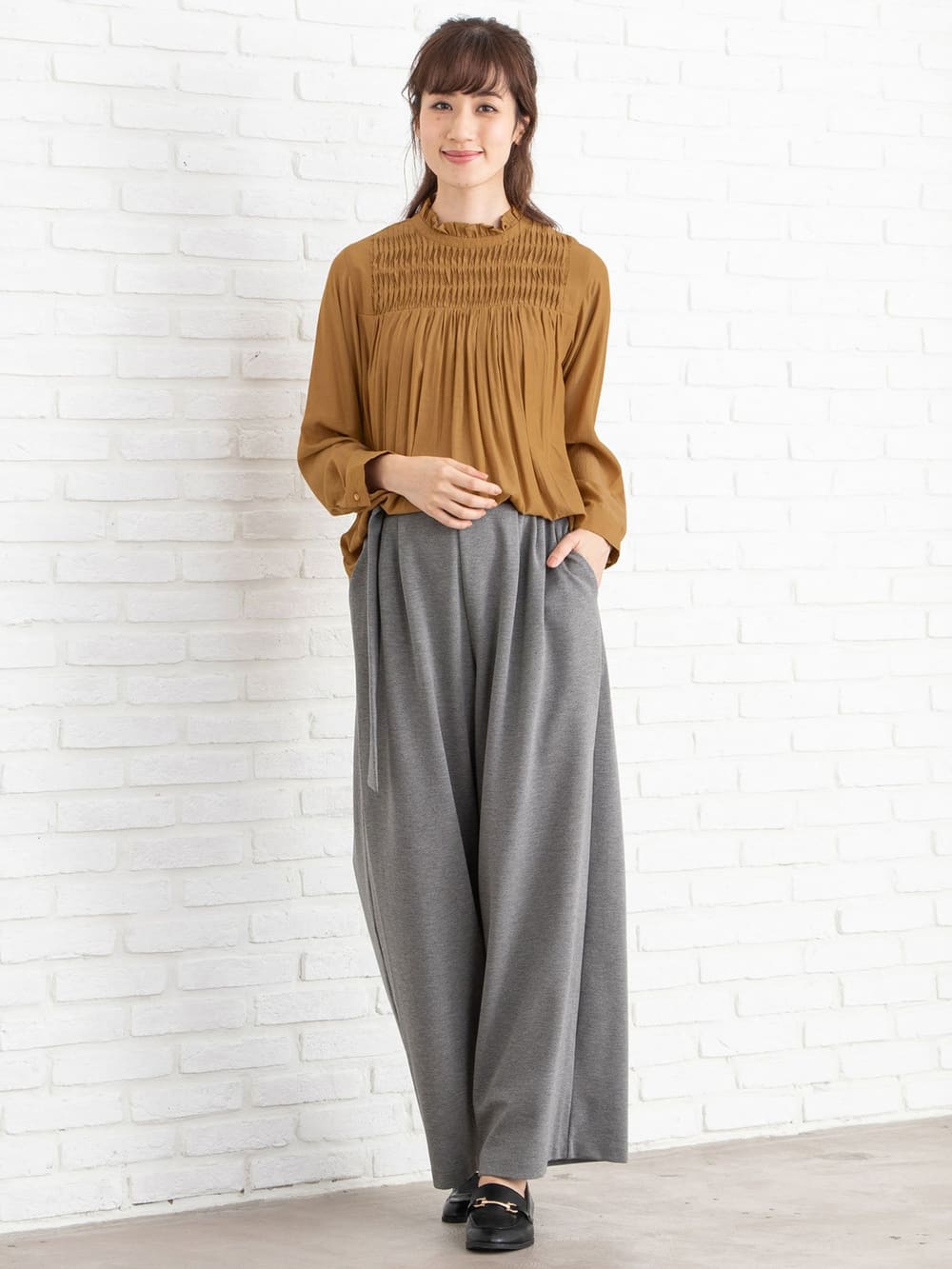 マタニティ パンツ|【産前産後対応】フロントインできる楽ちんポンチワイドパンツ【出産後も長く使える】|チャコールグレー
