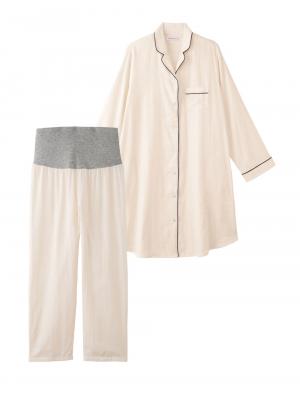 マタニティ パジャマ・ルームウェア|【授乳しやすい】ダブルガーゼシンプルパジャマ【産前産後対応パンツ付】|アイボリー
