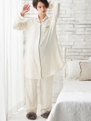 マタニティ パジャマ・ルームウェア|【授乳しやすい】ダブルガーゼシンプルパジャマ【産前産後対応パンツ付】|アイボリー