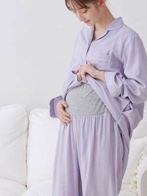 マタニティ パジャマ・ルームウェア|【授乳しやすい】ダブルガーゼシンプルパジャマ【産前産後対応パンツ付】|グレイッシュパープル
