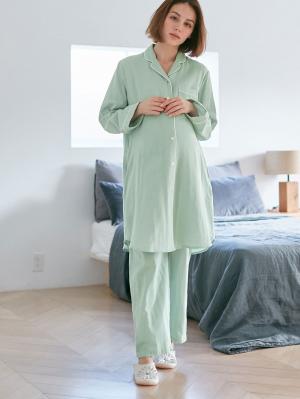マタニティ パジャマ・ルームウェア|【授乳しやすい】ダブルガーゼシンプルパジャマ【産前産後対応パンツ付】|ミントグリーン